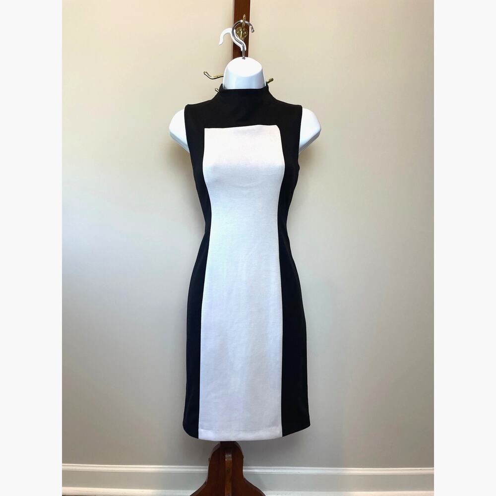 Calvin Klein Colorblock Mock Neck Sheath Dress 8 Black White